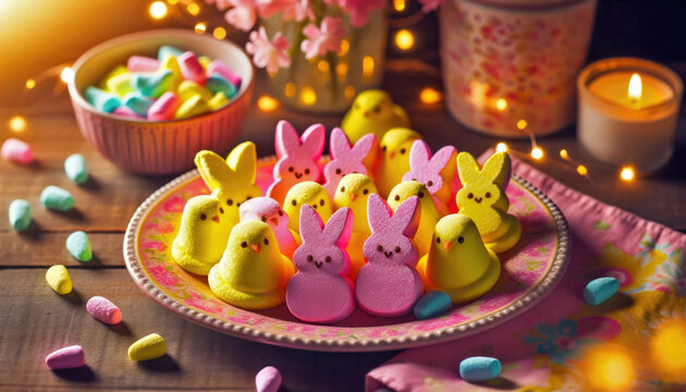 Colorful marshmallow candies shaped like chicks and bunnies