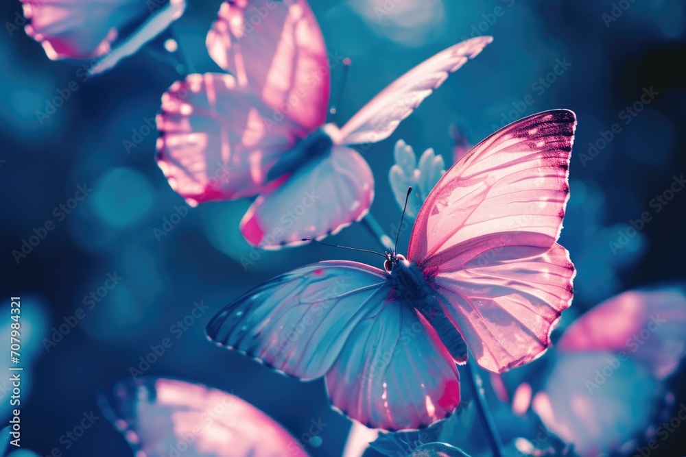 Poster a group of pink butterflies gracefully flying through the air. perfect for adding a touch of nature 