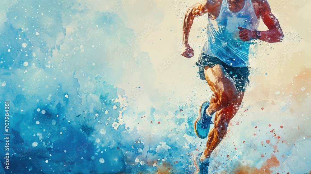 Poster A vibrant painting capturing the motion of a man running in the water. Perfect for adding energy and movement to any project