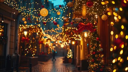 A vibrant street adorned with numerous Christmas lights, creating a magical holiday atmosphere. Perfect for adding a touch of joy and warmth to any project or seasonal-themed design