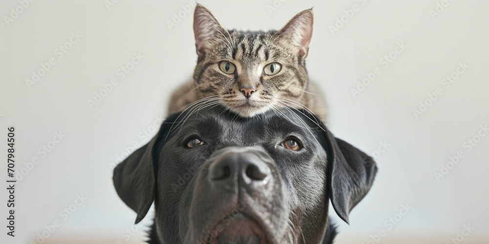 Poster a cat is sitting on top of a dog's head. this image can be used to depict an unlikely friendship bet