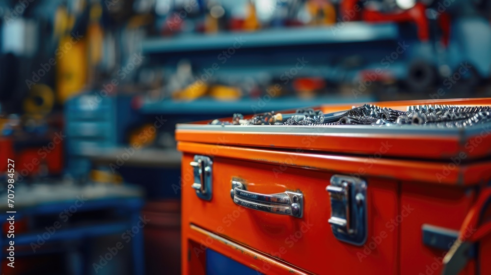 Poster A collection of various tools neatly arranged on top of a toolbox. Perfect for DIY projects and home repairs