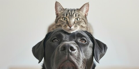 A cat is sitting on top of a dog's head. This image can be used to depict an unlikely friendship between different animals - obrazy, fototapety, plakaty