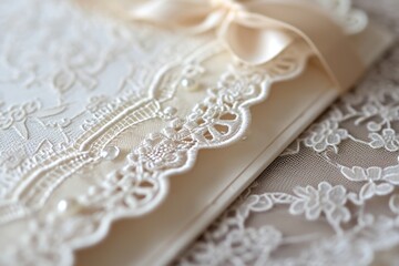 A detailed close-up of a wedding card featuring a beautiful ribbon. Perfect for wedding invitations and announcements