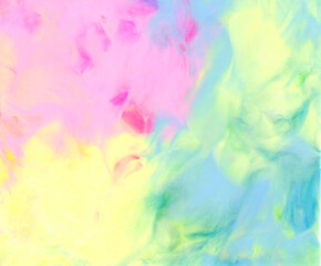 Fototapeta na wymiar Acrylic texture in pastel colors. Liquid flowing acrylic on canvas. Marble texture in rainbow colors. Hand made abstract artwork with pink, blue, green and yellow colors.