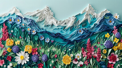 Quilled paper mountain range with floral alpine meadows