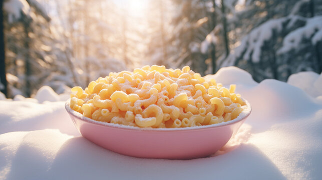 Product photograph of Macaroni and cheese plate in the snow In a winter forest. Sunlight.  Pink color palette. Food. 