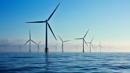 Fototapeta premium Huge windmills located in the water. The concept of generating electricity using wind.