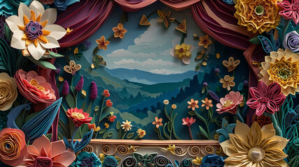 Quilled paper theatre stage, with flowers as actors in a dramatic play