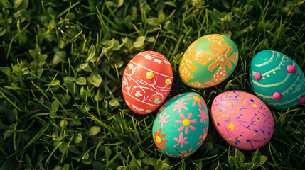 Decorated easter eggs in grass background. AI Generative
