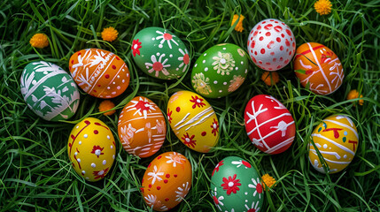 Fototapeta na wymiar Decorated easter eggs in grass background. AI Generative