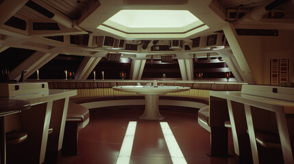 rendering of a retro futuristic film set interior