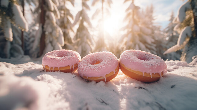 Product photograph of plate of Doughnuts in the snow In a winter forest. Sunlight.  Pink color palette. Food. 