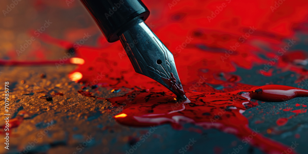 Wall mural a fountain pen is seen writing on a surface covered in blood. this image can be used to depict crime