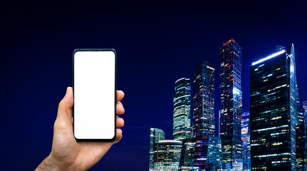 Mockup smartphone screen on business city background. 5g, economy, technology digital concept.