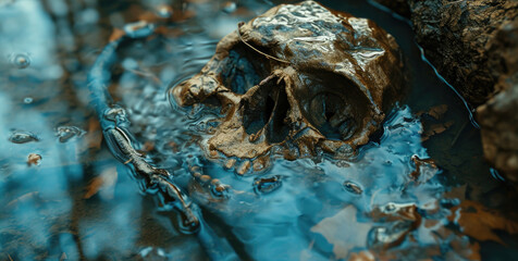 Fototapeta premium A close-up view of a skull submerged in water. This image can be used to depict themes of mystery, danger, or the passage of time.