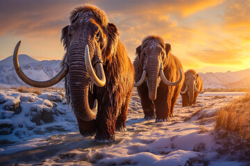 Woolly mammoth herd at sunset in frozen cold landscape, extinct prehistoric animals - obrazy, fototapety, plakaty