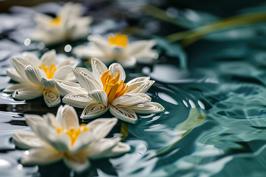 Serene white quilling lilies with yellow centers floating on a water mimic background