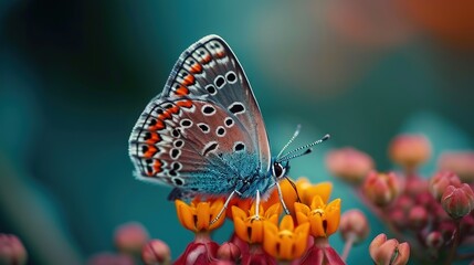 A butterfly with intricately patterned wings is resting on vibrant orange flowers, the background...