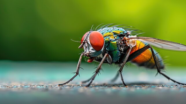 This is a detailed macro photograph capturing a vibrant, multicolored fly standing on a surface.