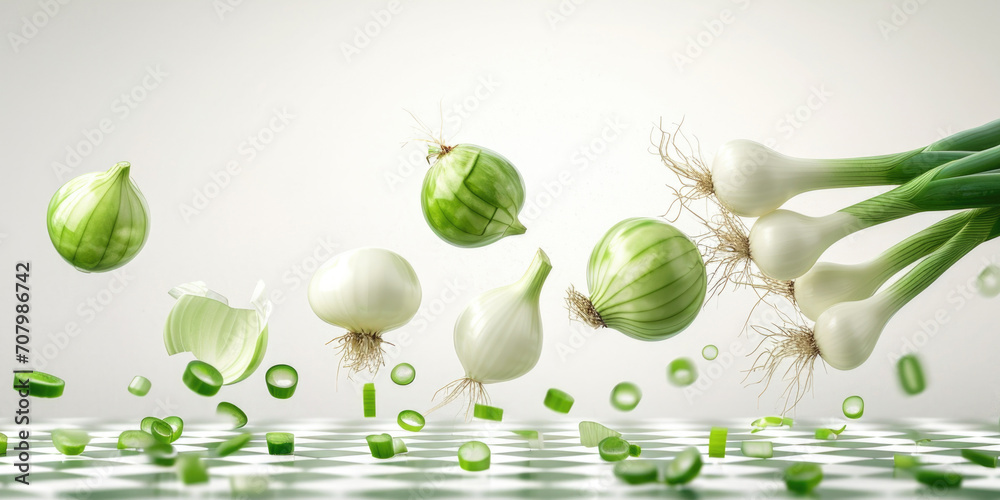 Aufkleber A captivating image of a bunch of onions and onions floating in the air. Perfect for food and culinary concepts.