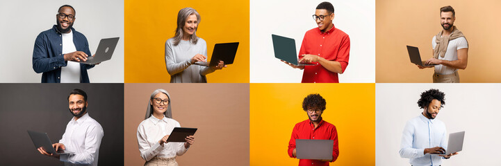 Collage of professionals and casual users alike handle laptops with ease, the flexible and integral role of portable computers in both work and personal life across various age groups and professions