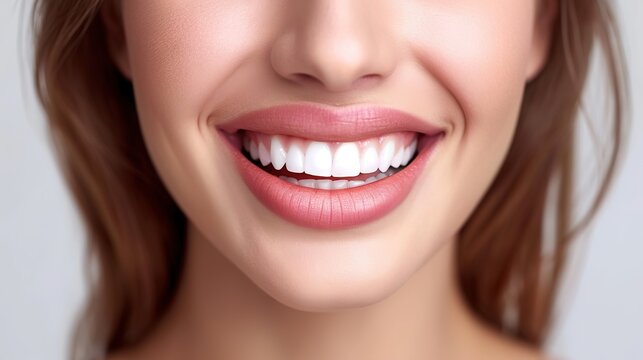 This is an image showing a close-up of a woman's smiling mouth with white teeth and pink lipstick.