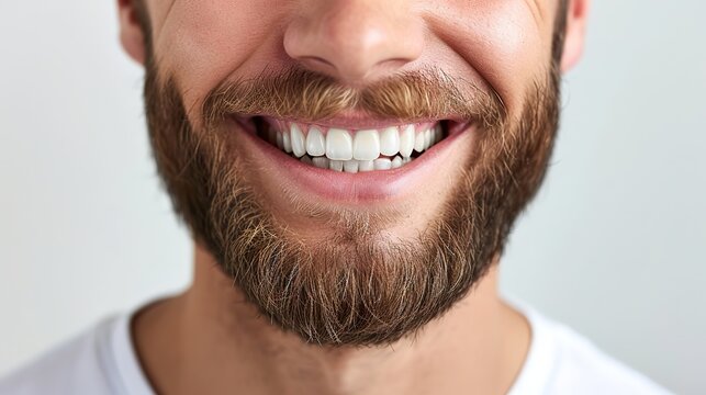 This is a close-up image showing a person's smile with a well-groomed beard and white teeth.