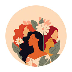 Illustration of woman's and flowers in flat style in circle composition