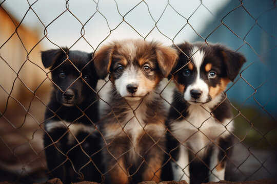 a group of sad dogs locked in a fence