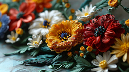 Traditional quilled marigolds, bold pattern with cultural flair