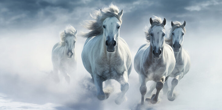 Horses running in the snow background wallpaper, in the style of photorealistic technique, misty atmosphere, photo taken with provia, wimmelbilder, white and azure

