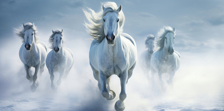 Fototapeta Horses running in the snow background wallpaper, in the style of photorealistic technique, misty atmosphere, photo taken with provia, wimmelbilder, white and azure  