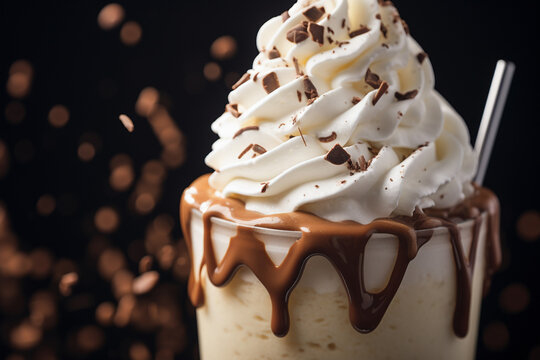 Up-close view of a classic milkshake, with velvety whipped cream and drizzles of syrup creating a visually appealing treat.