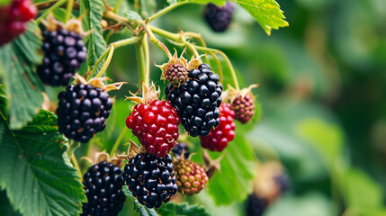 Blackberries grow in the garden. Ripe and unripe blackberries on a bush. selective focus. Generative AI,