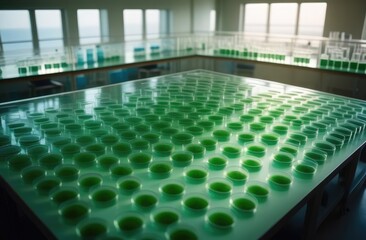 Naklejka premium Algae, microalgae research in laboratories. biotechnology, science. Biofuel research process in laboratory. Generative AI