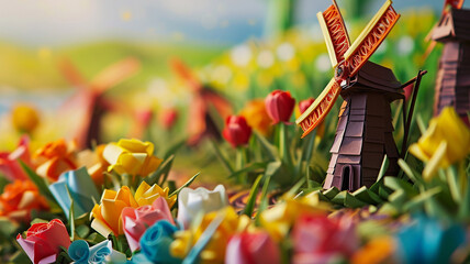 Whirling quilled windmills amidst a field of vibrant paper tulips