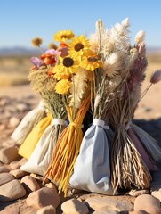 Dried flowers tied in bundles lying on rocky desert ground under a clear sky