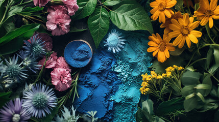 Cosmetic pigments among vibrant flowers.