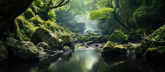 Naklejka na ściany i meble Tranquil stream encircled by greenery amid rocks