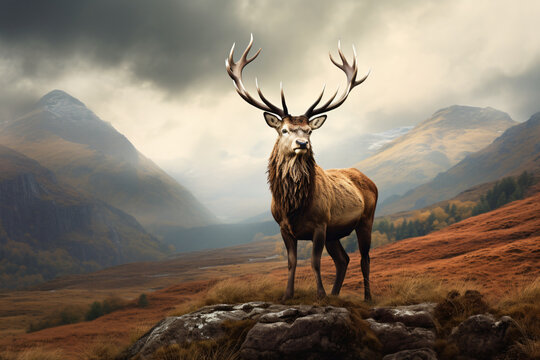 A stag in a field with a mountain view, in the style of photorealistic detail, crimson and amber, dynamic outdoor shots, scottish landscapes, close-up intensity, photo-realistic hyperbole, dignified p