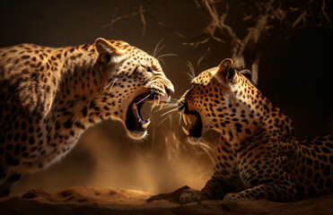 A large leopard is running in the forest, in the style of photo-realistic landscapes, traditional african art

