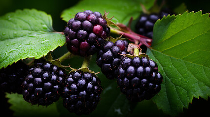 Blackberries grow in the garden. Ripe and unripe blackberries on a bush. selective focus. Generative AI,