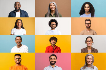 A vibrant array of individual portraits against colorful backgrounds, each person sporting a friendly, inviting smile, ideal for campaigns that value diversity and aim to connect with a wide audience