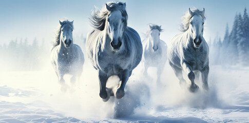Horses running in the snow background wallpaper, in the style of photorealistic technique, misty atmosphere, photo taken with provia, wimmelbilder, white and azure

