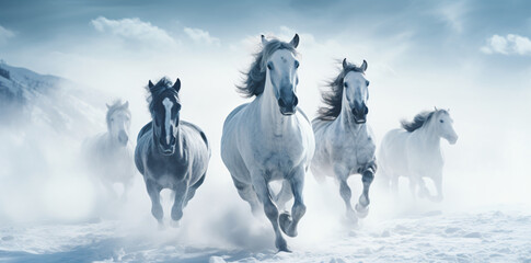 Horses running in the snow background wallpaper, in the style of photorealistic technique, misty...