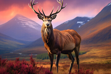 A stag in a field with a mountain view, in the style of photorealistic detail, crimson and amber, dynamic outdoor shots, scottish landscapes, close-up intensity, photo-realistic hyperbole, dignified p