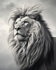 A black and white photograph of a lion with hair blowing in the wind, in the style of high detailed, realistic oil portraits, colorful fauna, photo taken with nikon d750, grisaille, matte drawing, rea
