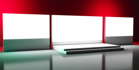 Empty stage design for mockup and corporate identity, display. Platform elements in hall. Blank screen system for graphic Resources. Scene event led night light staging. 3d rendering for online.	
