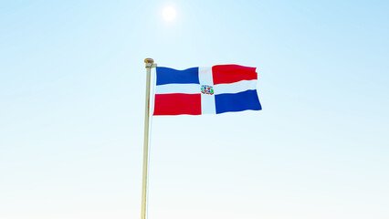 Flag of dominican republic waving in the wind, sky and sun background. Dominican Republic Flag.	
